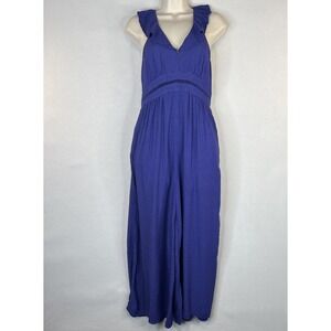 Maeve Anthropologie Blue Polka Dot Jumpsuit Sz 8 Ruffle Wide Leg Boho